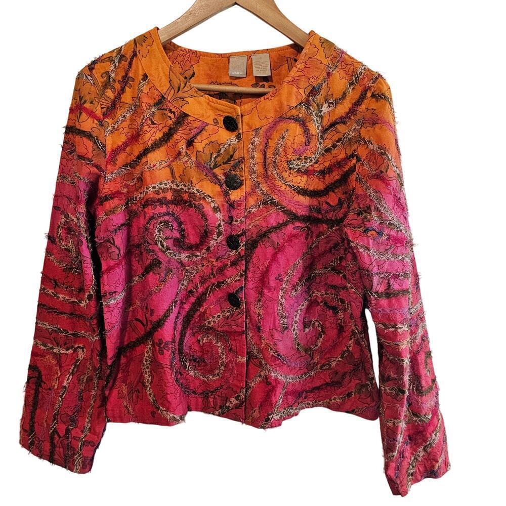 Vintage Ombre Blazer Women Size Large Orange Pink Y2K Floral Boho Retro Abstract